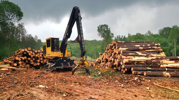 heavy contruction machines and trucks working at loggin site